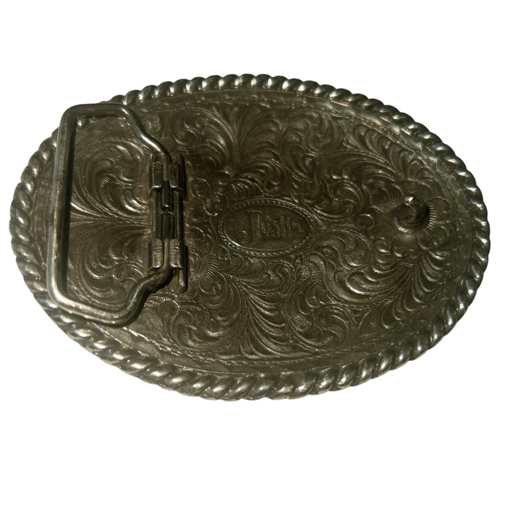 Justin Brand Trophy Belt Buckle 4'' x 3" Silver Rodeo Floral Western Cowboy - Picture 6 of 6